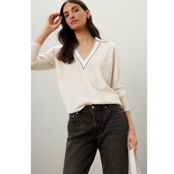 SANDRO Off-White Wool Knit Long Sleeve Retro Prep Alizia Sweater Size Small - Picture 1 of 11
